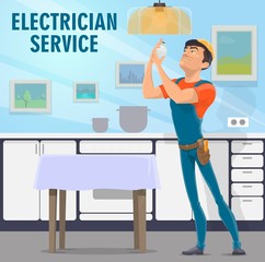 Electrician service poster with handyman and bulb