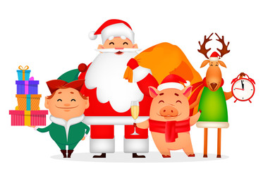 Obraz na płótnie Canvas Santa Claus, Santa helper Elf, deer, piggy.