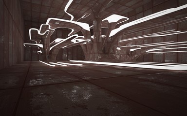 Empty smooth abstract room interior of sheets rusted metal. Architectural background. Night view of the illuminated. 3D illustration and rendering