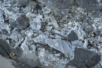 Ice, frozen water on the street, crystals