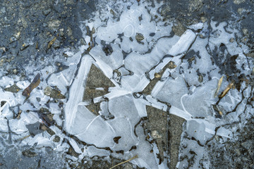 Ice, frozen water on the street, crystals