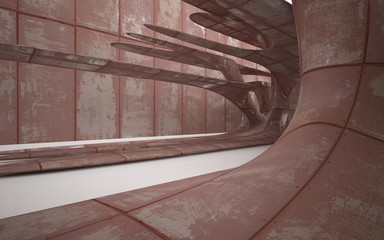 Empty smooth abstract room interior of sheets rusted metal with glossy white floor. Architectural background. 3D illustration and rendering