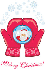 Red mittens with a glass ball. Christmas postcard
