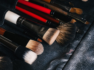 set of professional makeup brushes in leather black case close-up