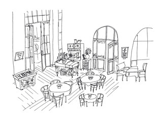 Cafe interior hand drawn linear illustration