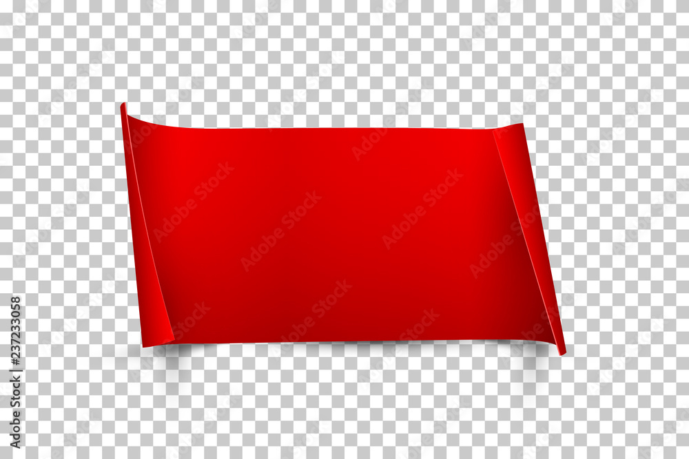 Poster red paper sheet with curled edges isolated on transparent background. vector design element.