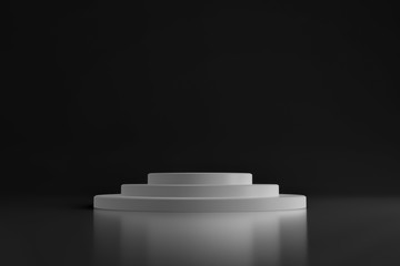 Round white stage podium with dark backdrop. Pedestal. Scene for award ceremony. 3d rendering.