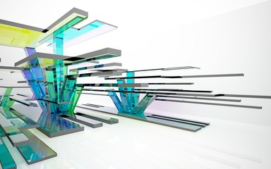 abstract architectural interior with gradient geometric glass sculpture with black lines. 3D illustration and rendering