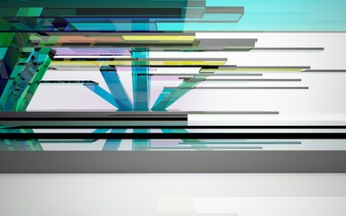 abstract architectural interior with gradient geometric glass sculpture with black lines. 3D illustration and rendering