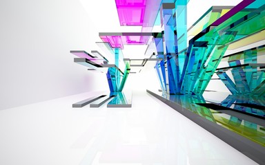 abstract architectural interior with gradient geometric glass sculpture with black lines. 3D illustration and rendering