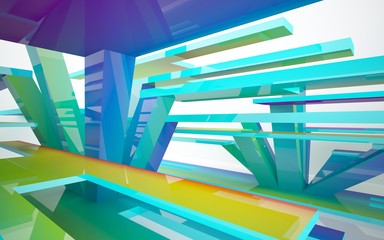 Abstract dynamic interior with gradient colored objects. 3D illustration and rendering