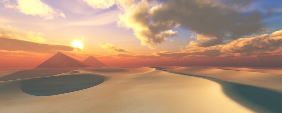 Desert and pyramids at sunset, sun over pyramids in the desert,
