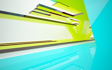 Abstract dynamic interior with colored objects. 3D illustration and rendering