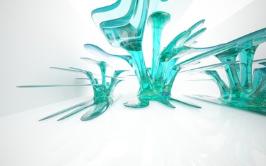 Abstract dynamic interior with colored glass smoth  objects. 3D illustration and rendering