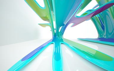 abstract architectural interior with colored smooth glass sculpture . 3D illustration and rendering