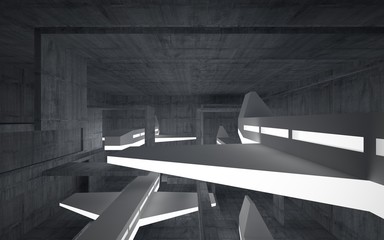 Empty dark abstract concrete room interior with white sculpture. Architectural background. Night view of the illuminated. 3D illustration and rendering