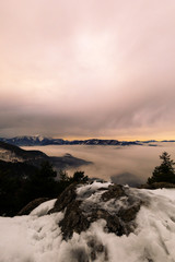 Fog in sunrise View from the top of the Mountain
