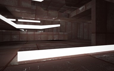 Empty abstract room interior of sheets rusted metal. Architectural background. Night view of the illuminated. 3D illustration and rendering