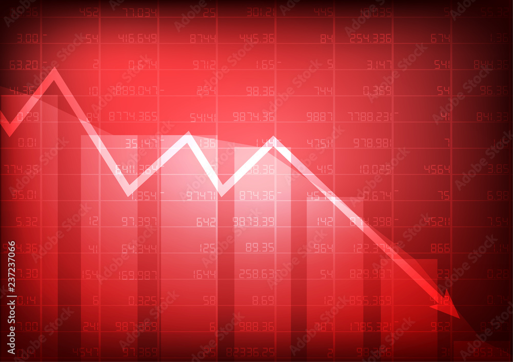 Poster vector : red stock market with decreasing arrow on red background