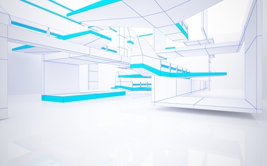 Abstract white interior highlights future. Polygon drawing and blue glossy lines. Architectural background. 3D illustration and rendering