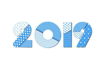 2019 Happy New Year greeting card. Celebration white background with hearts, number 2019 and place for your text. Vector Illustration.