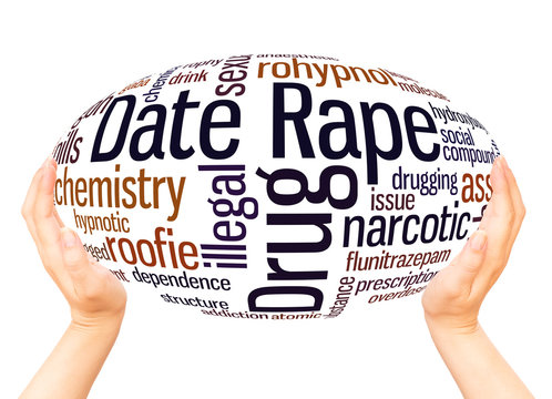 Date rape drug word cloud hand sphere concept