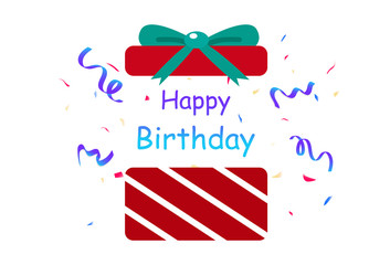 Happy birthday, gift, surprise confetti party, decoration paper and ribbons explosion, celebration awards abstract background vector illustration