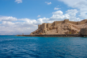 Fototapeta na wymiar View of Salah El Din Castle on Farun island in the Gulf of Aqaba,Red Sea,Taba,Egypt, sunny