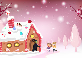 Kids Cartoon and fantasy story, Candy house, witch, Hansel and gretel, kids postcard, snow falling, pastel poster in winter background vector illustration