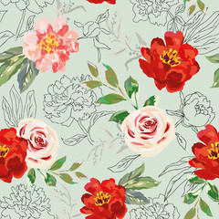 Red peony, rose flowers and green leaves print. Vector illustration. Seamless pattern. Trendy linear botanical design. Floral graphic. Nature summer plants. Romantic wedding background