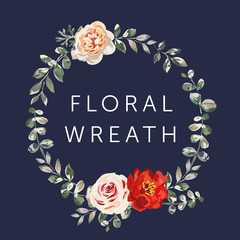 Romantic floral wreath, black background. Card, invitation, t shirt template. Red, pale pink roses and peonies with leaves. Vector illustration. Design frame with text