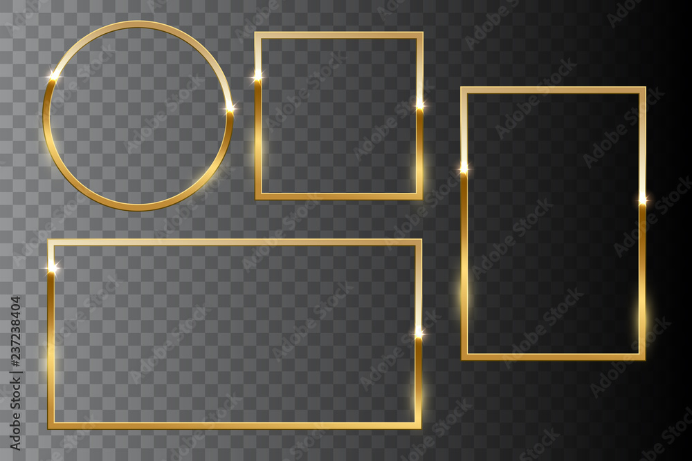 Poster golden shiny frame set isolated on dark transparent background. vector design elements.