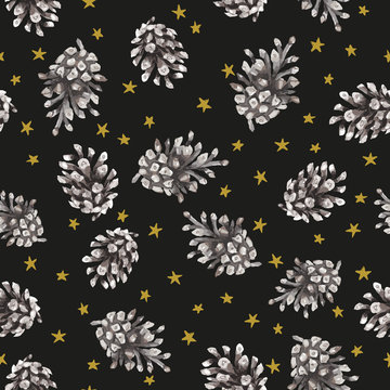 Christmas seamless pattern, black night whith stars background. Pine cones. Vector illustration. Nature forest design. Season greeting digital paper. Winter Xmas holidays © ojardin