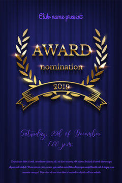 Golden award sign with laurel wreath and ribbon isolated on blue curtain background. Vector vertical award ceremony invitation template.