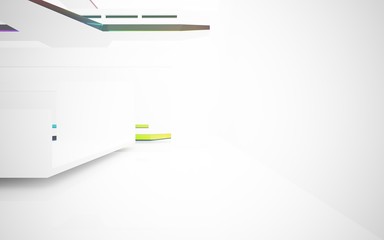 abstract architectural interior with white sculpture and geometric glass lines. 3D illustration and rendering