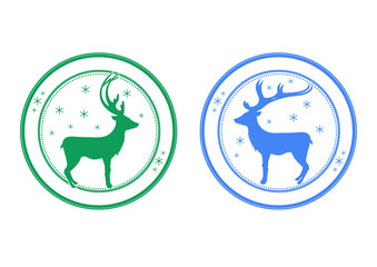 set of round postage stamps with reindeer and snowflakes. place for your text