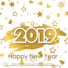 Happy New Year greeting card with golden sparkles. 2019. Vector