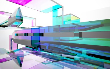 abstract architectural interior with gradient geometric glass sculpture with black lines. 3D illustration and rendering
