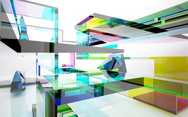 abstract architectural interior with gradient geometric glass sculpture with black lines. 3D illustration and rendering