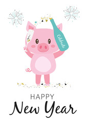 Happy New Year 2019 Greeting Card with sparkling pig