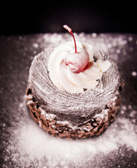 Delicious chocolate cake with red cherry