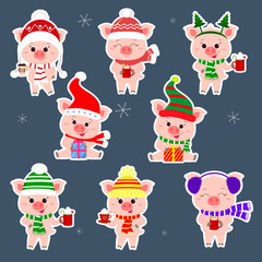Obraz na płótnie Canvas Set of stickers eight pigs in different hats and a scarf. Keep a cup of various hot drinks and gifts. Happy New Year and Merry Christmas. The symbol of the Chinese New Year. Vector