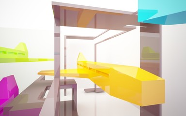 Abstract dynamic interior with colored objects. 3D illustration and rendering