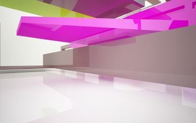 Abstract dynamic interior with colored objects. 3D illustration and rendering