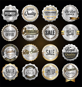Collection of vintage retro premium quality silver badges and labels