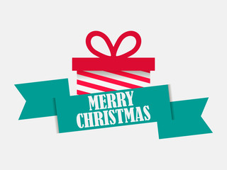 Merry Christmas. Festival banner with gift box and ribbon on white background. Elements of the greeting card. Vector illustration