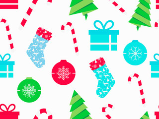 Obraz premium Christmas seamless pattern with candy canes, christmas socks, gift boxes and fir tree. Symbols of christmas on white background. Vector illustration