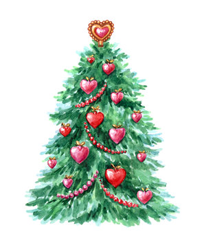 Christmas tree with decorations in the form of hearts, watercolor painting on a white background isolated with clipping path.