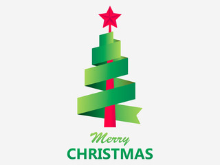 Merry christmas greeting card. Christmas tree from ribbon with red star. Gradient color green. Vector illustration