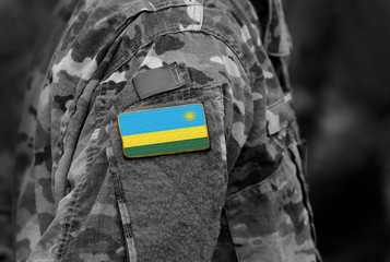 Flag of Rwanda on soldiers arm. Rwanda flag on military uniform. Army, troops, Africa (collage).